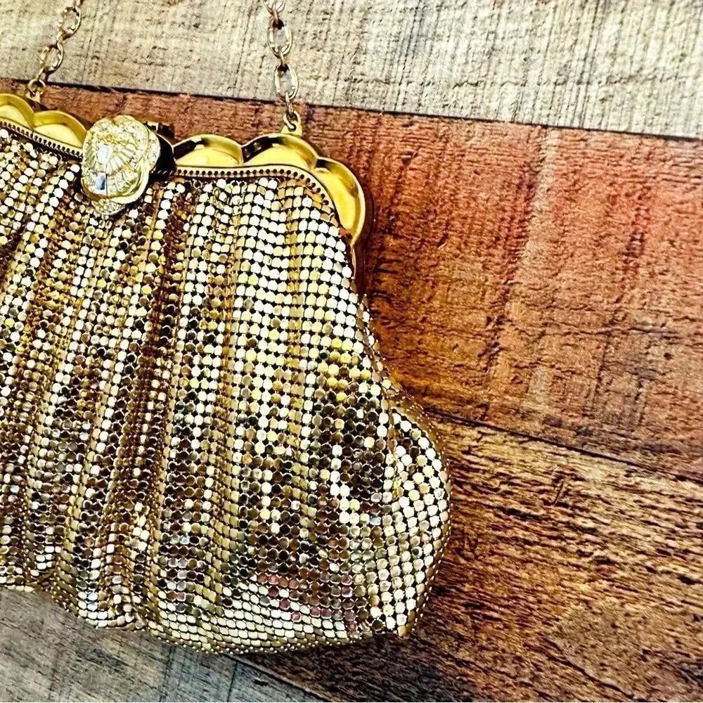 Whiting & Davis Co Vintage Golden Mesh Bag With Rhinestone/Jeweled Clasp